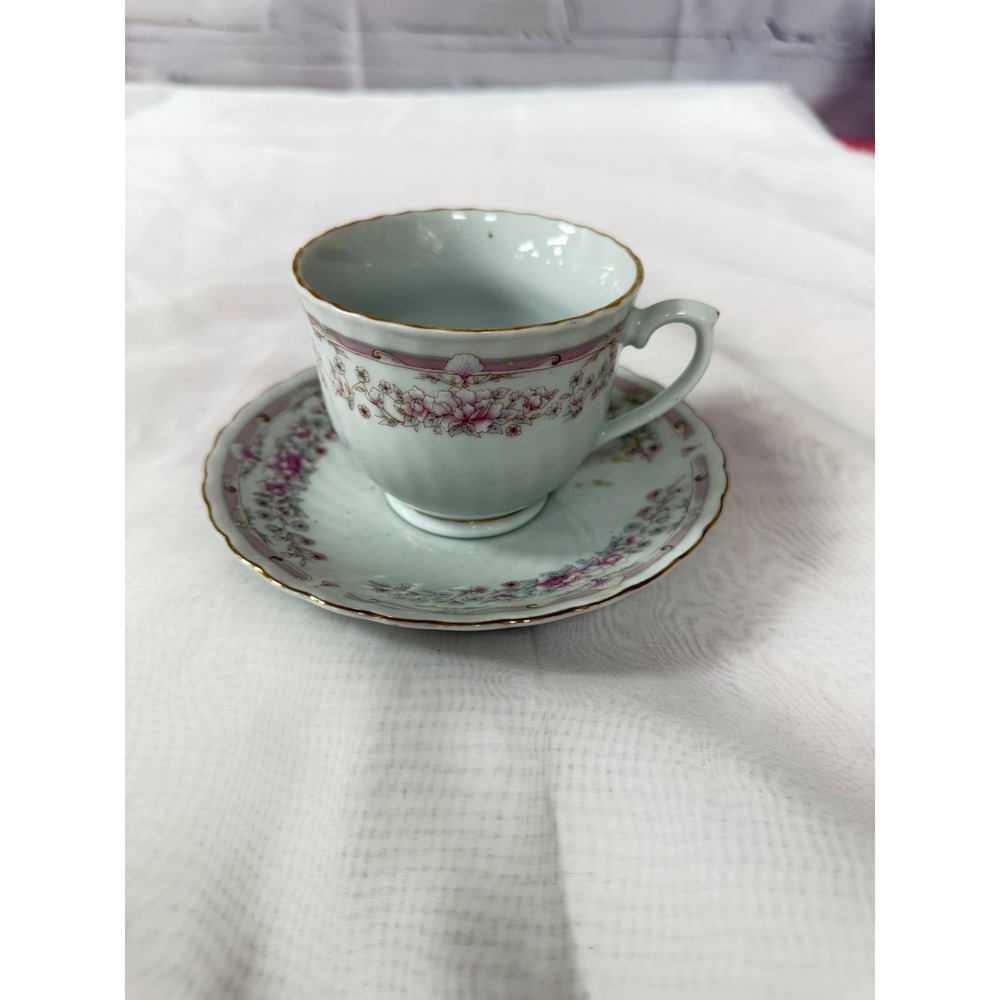 Vintage Porcelain Tea Cup and Saucer Set Floral Pink Gold Trim Made in China
